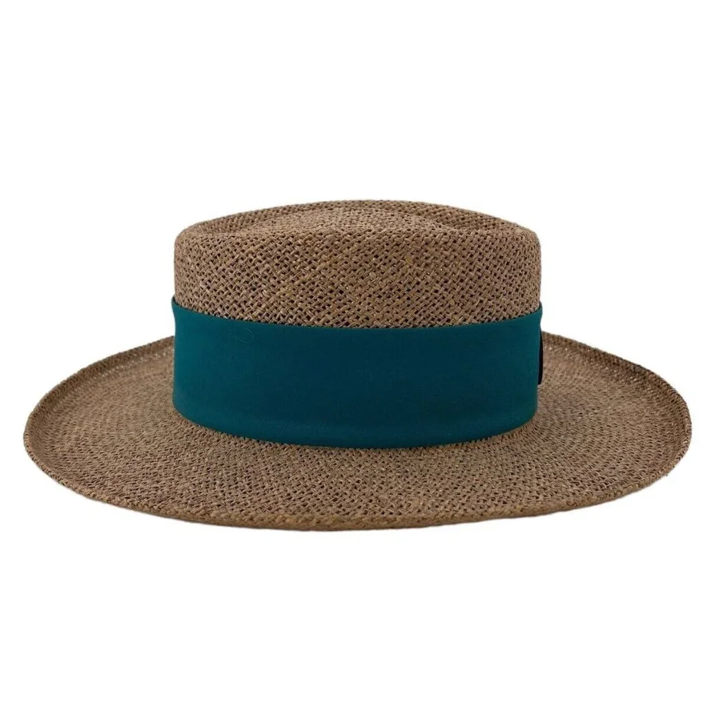 Vintage Straw Panama Boater Hat With Teal Band & Wardens Association Of America - Picture 3 of 11